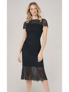 Kay Unger Black Tatum Floral Lace Midi Dress Women's Size 10 MSRP $248